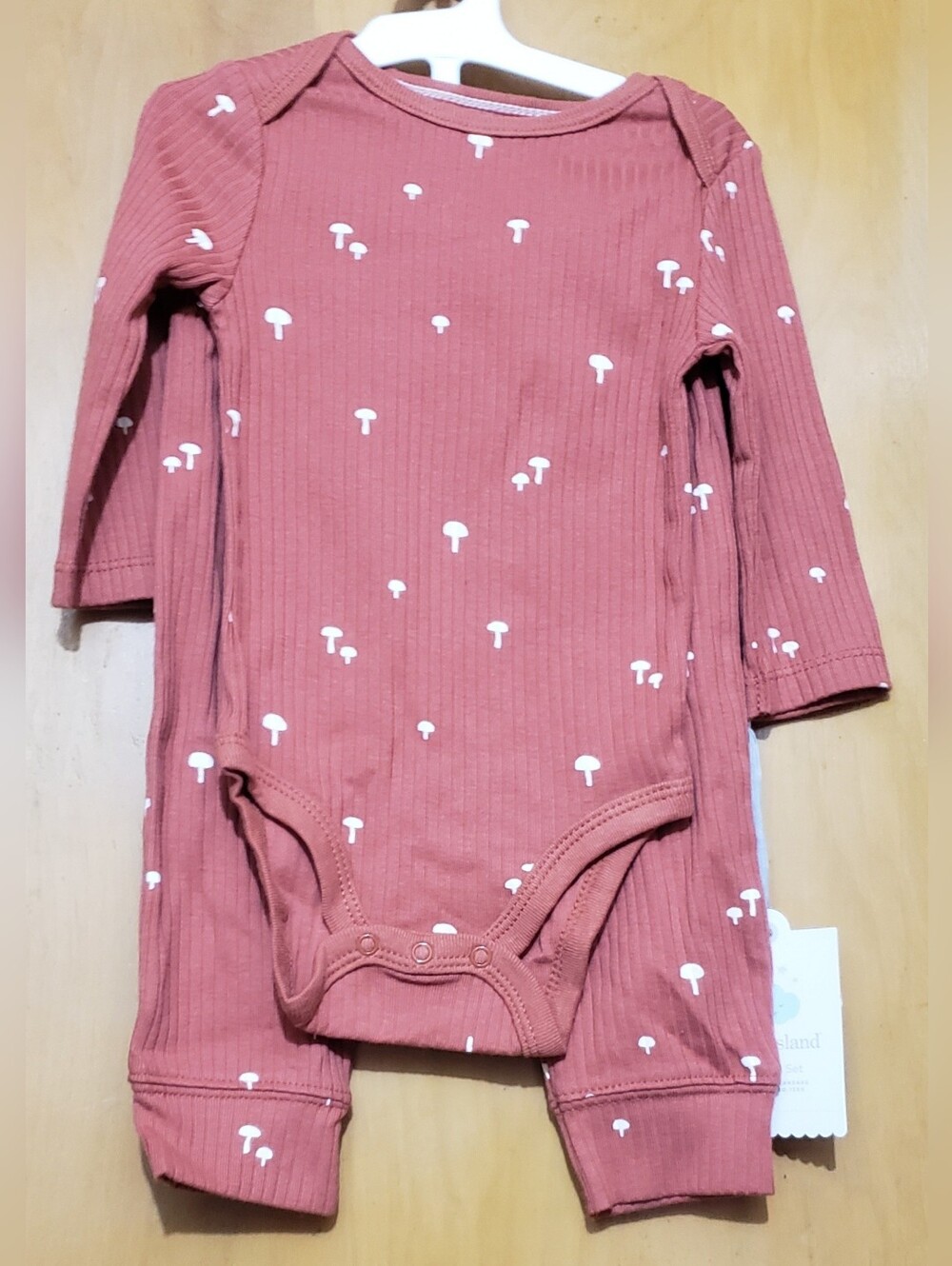 cloud island Rust-Red Ribbed Matching Set with White Mushroom Print